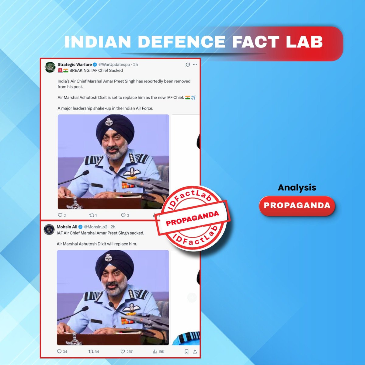 IDFactLab's tweet photo. 🚨 Propaganda

❌ Pak-based social media accounts are falsely claiming that IAF Chief Air Chief Marshal Amar Preet Singh has been “sacked” and replaced by Air Marshal Ashutosh Dixit.

✅ FACT: Air Chief Marshal Amar Preet Singh has NOT been sacked. He is scheduled to superannuate on 31 October 2026 after completing his service tenure. Air Marshal Ashutosh Dixit has been officially appointed as the next Chief of the Air Staff and will assume charge as the 29th IAF Chief from the afternoon of 31 October 2026.
📍 Stay Alert!

#Propaganda #IndianDefenceFactLab #Misinformation #IndianAirForce #FollowForFacts

@PIBFactCheck
@MEAFactCheck
@HQ_IDS_India