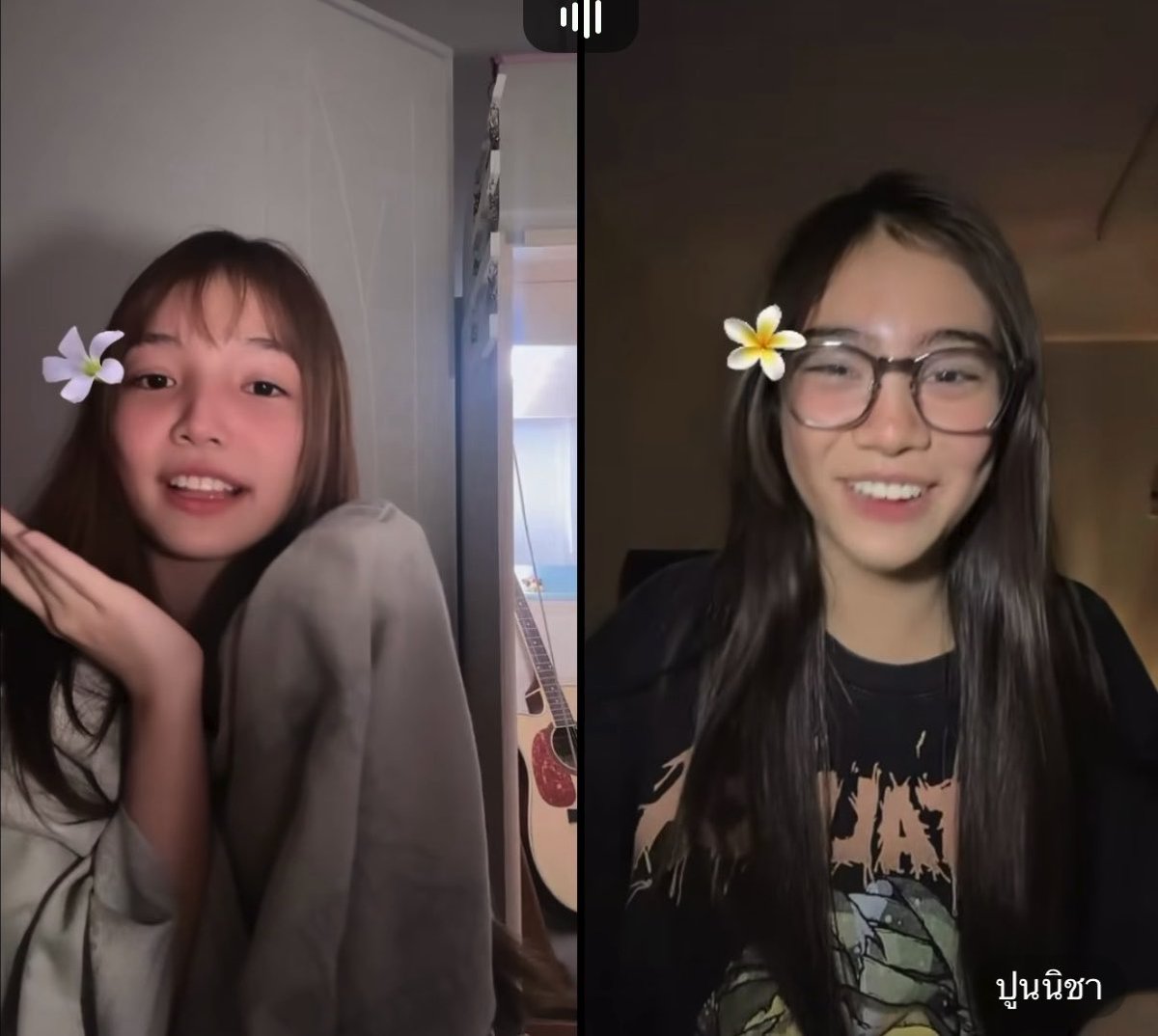 A split-screen video showing two smiling young women, both wearing digital white flower filters, with Thai text 'ปุ่นนิชา' in the bottom right corner.
