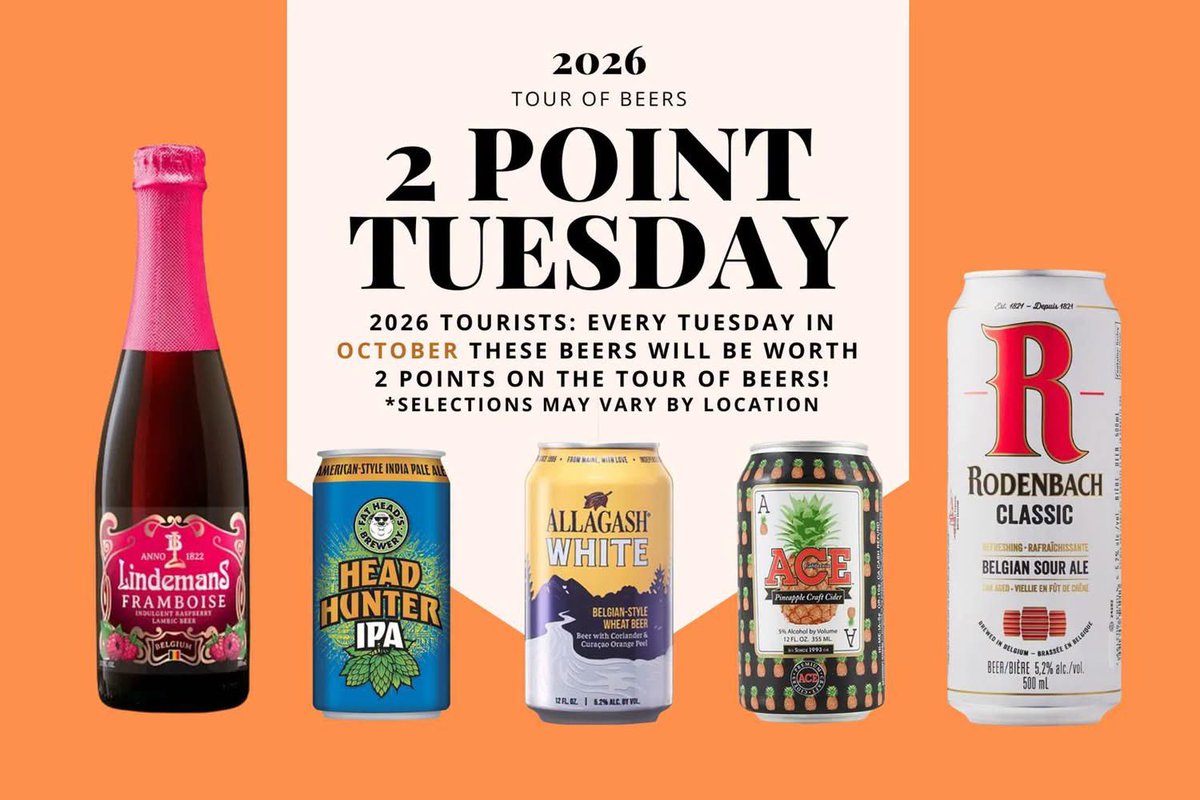 winkinglizard's tweet photo. 🎯 FAST TRACK YOUR TOUR TO THE FINISH LINE 🎯

Every Tuesday in October, these featured beers are worth 2 points on your Tour instead of 1!

📅 Every Tuesday in October
🏆 Double points on featured beers

#TourofBeers #2PointTuesday #CraftBeerLover #WinkingLizard #LizardNation https://t.co/xgwttywTpa
