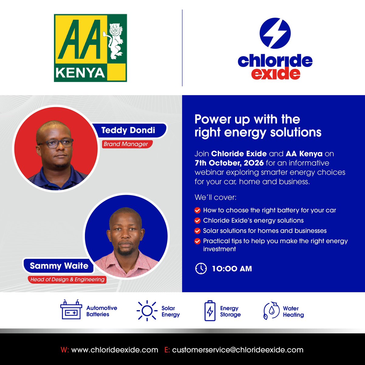 chlorideexide's tweet photo. WE ARE GOING LIVE THIS WEDNESDAY AT 10 - 11 IN THE MORNING!
In partnership with @AAKenya 

Click to join: https://t.co/Yrvs91lakC

In this webinar, we discuss automotive batteries and how to choose one that not only fits your car but also your lifestyle. We’ll explore our solar solutions, from panels for residential use to solar systems for both residential and commercial applications, including off-grid, on-grid and the increasingly popular hybrid solutions, right through to large-scale energy storage solutions for industries.

The discussion goes beyond theory to get into the real facts about the energy solutions behind one of Kenya’s leading energy providers, with insights from our experts, Teddy Dondi, our Brand Manager, and Sammy Waite, our Head of Design & Engineering.

SET YOUR ALARM | LET'S TALK LIVE 

For customer care support, Call or WhatsApp 0719 080 000

#ChlorideExide
#EnergySolutionsForAll