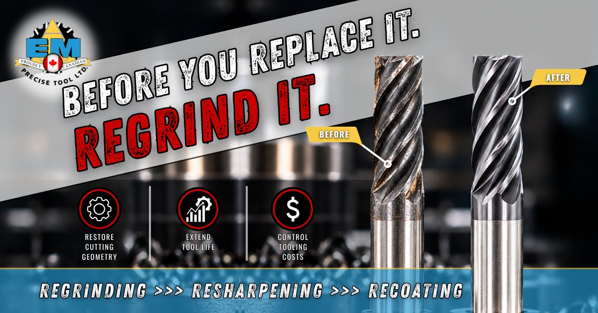 EMPrecise's tweet photo. WORN OUT DOESN’T MEAN DONE.

Before it hits the scrap bin, give it another shot.

🔧 Regrind it.
⚙️ Recoat it.
🔥 Run it again.

https://t.co/hU6pYYcSQC

#CNCMachining #CuttingTools #ToolRegrinding #CanadianManufacturing #EMPreciseTool #EMPT https://t.co/Y7V4MKWHVt