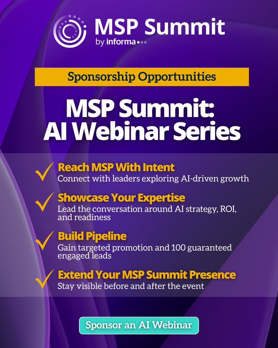 Channel_Expo's tweet photo. Put your brand at the center of the AI conversation. 
 
Sponsor the MSP Summit’s NEW three-part webinar series to reach MSP and channel leaders, share your expertise and generate qualified leads across three timely AI-focused sessions. 
 
Learn more 👉 https://t.co/luXX5A98xH https://t.co/yRZK0VwKE5