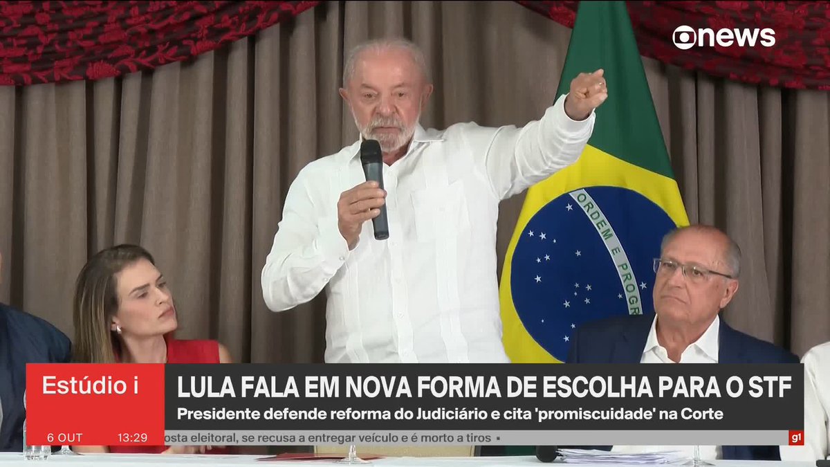 Globo News broadcast featuring Brazilian President Lula speaking at a podium with the Brazilian flag, with a headline reading 'LULA FALA EM NOVA FORMA DE ESCOLHA PARA O STF.'