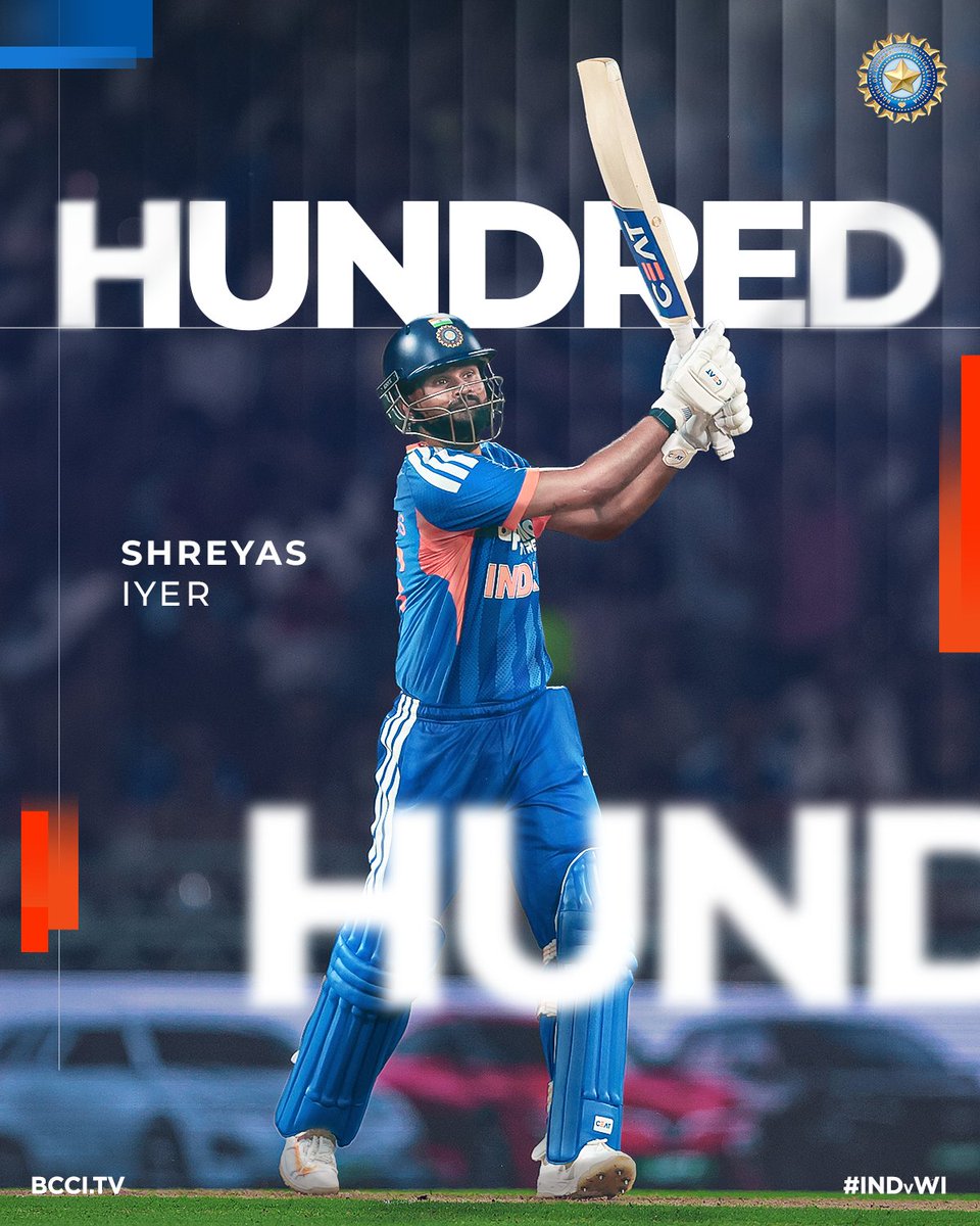 BCCI's tweet photo. 𝗚𝗹𝗼𝗿𝗶𝗼𝘂𝘀 𝗛𝗨𝗡𝗗𝗥𝗘𝗗! 💯

Captain Shreyas Iyer with his maiden T20I century and what a knock it's been! 👏

Updates ▶️ https://t.co/2czVyKWreK

#TeamIndia | #INDvWI | @mflone_ | @ShreyasIyer15 https://t.co/WxO6smJbRZ