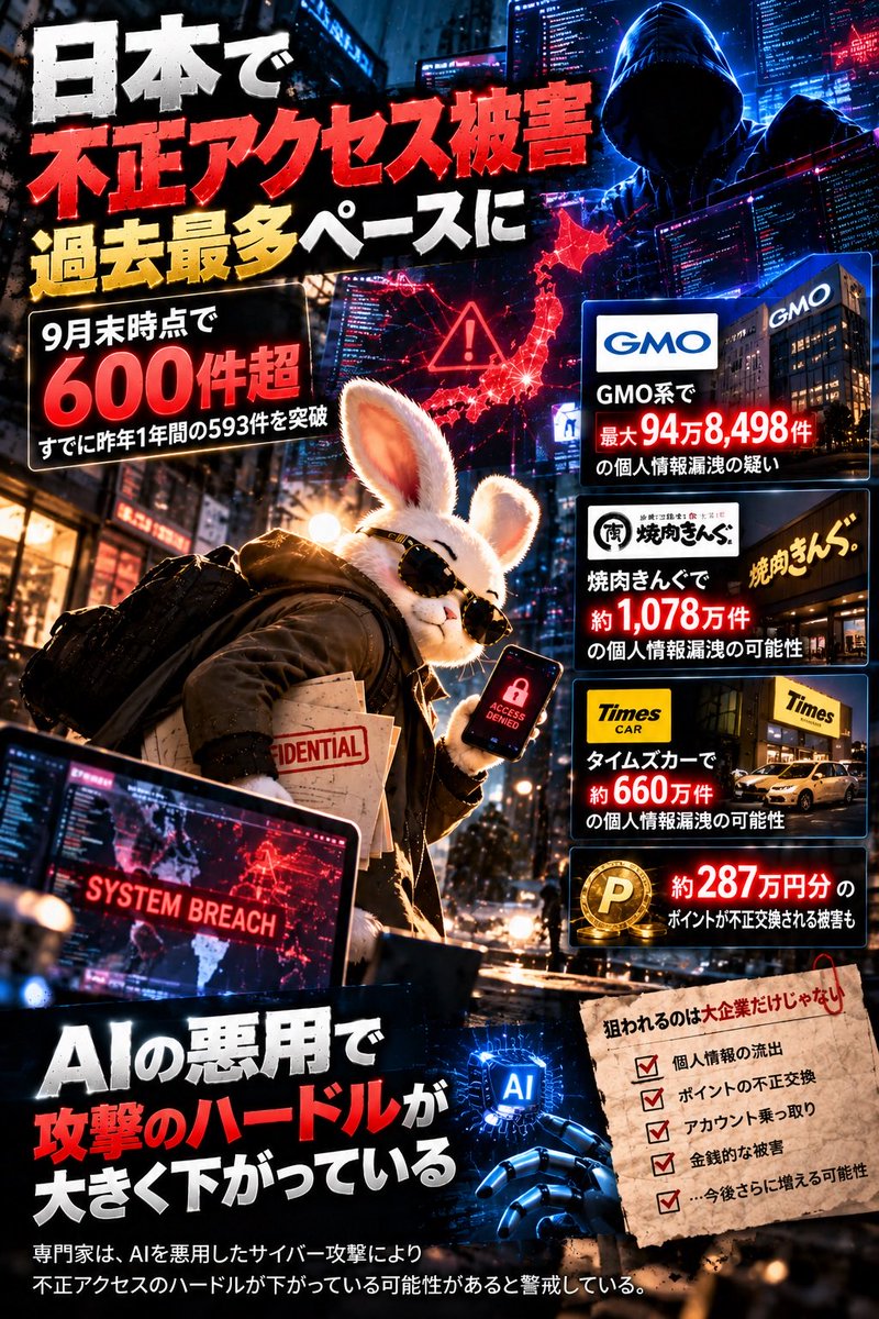 CryptoRabi888's tweet photo. 【日本、ヤバい】🚨

国内の「不正アクセス被害」が
過去最多ペースに。

9月末時点ですでに600件超。
昨年1年間の593件を突破。

さらに今日も👇

・GMO系で最大95万件の情報漏洩
・約287万円分のポイント不正交換
・焼肉きんぐ 約1,078万件
・タイムズカー 約660万件

そして専門家が警戒するのが
「AIを悪用したサイバー攻撃」。

攻撃のハードルが
一気に下がっている可能性も。

これ、仮想通貨業界だけの話じゃない。

#AI #サイバー攻撃 #情報漏洩
