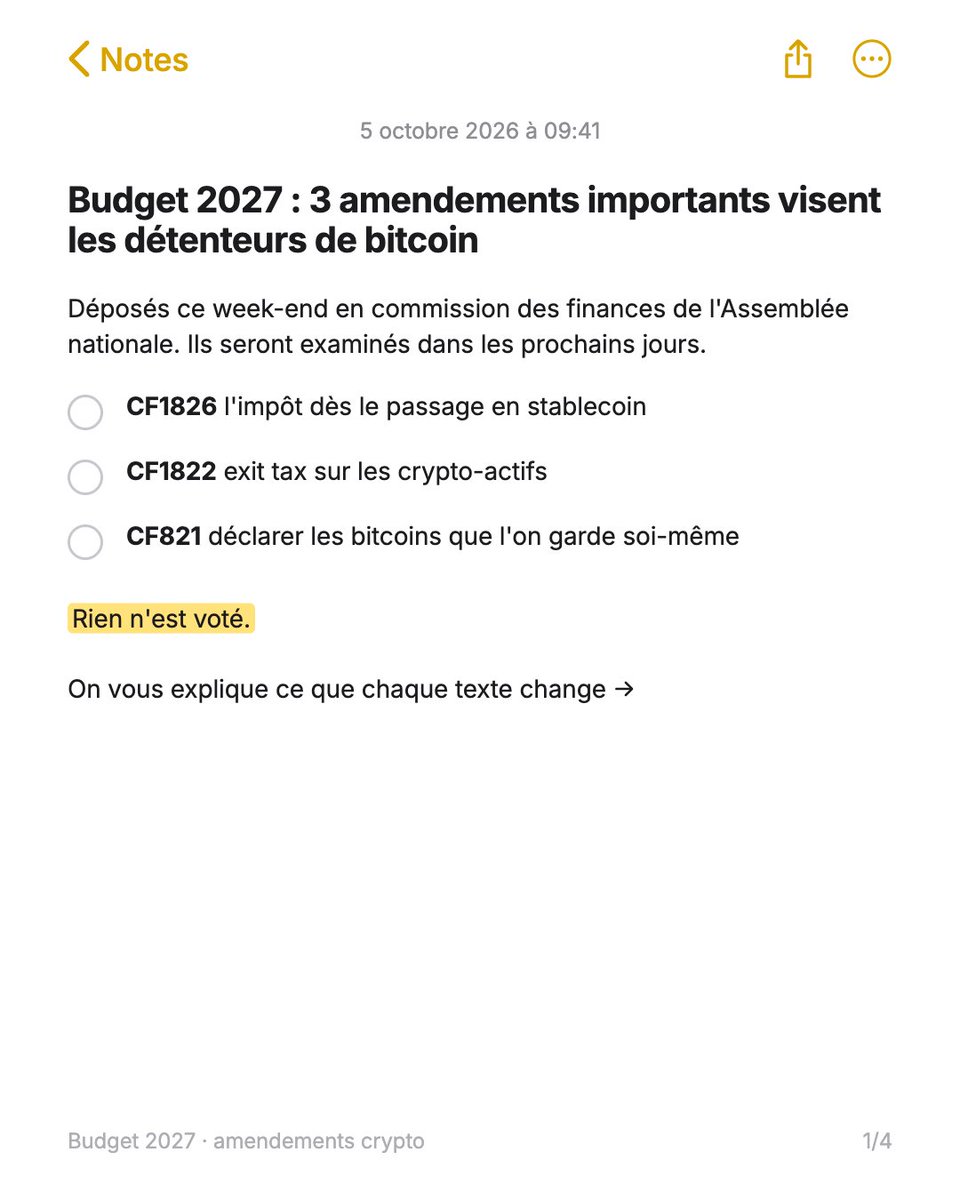 bitstack's tweet photo. Vous détenez du bitcoin ? Trois amendements au budget 2027 pourraient vous concerner.

Passage en stablecoin imposable, exit tax, déclaration des bitcoins détenus en propre: On fait le point sur les changements proposés.

Rien n’est voté à ce stade. On vous explique 👇 https://t.co/6DK96po2N9