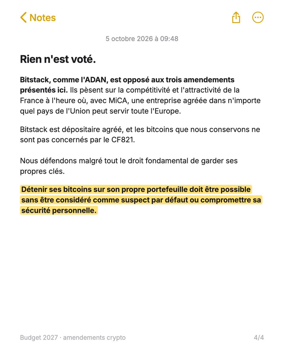 bitstack's tweet photo. Vous détenez du bitcoin ? Trois amendements au budget 2027 pourraient vous concerner.

Passage en stablecoin imposable, exit tax, déclaration des bitcoins détenus en propre: On fait le point sur les changements proposés.

Rien n’est voté à ce stade. On vous explique 👇 https://t.co/6DK96po2N9