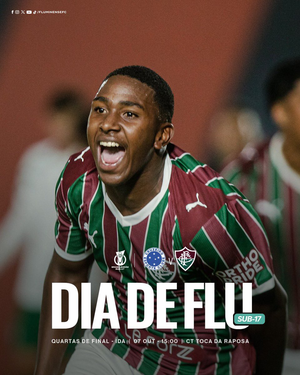 FluminenseFC's tweet photo. 🏆 Brasileirão Sub-17 | Quartas de Final - Ida
🇭🇺 Cruzeiro x Fluminense
⏰ 07/10 | 15h
🏟️ CT Toca da Raposa
#DiaDeFlu #MlksDeXerém https://t.co/D4SaVN9Oey