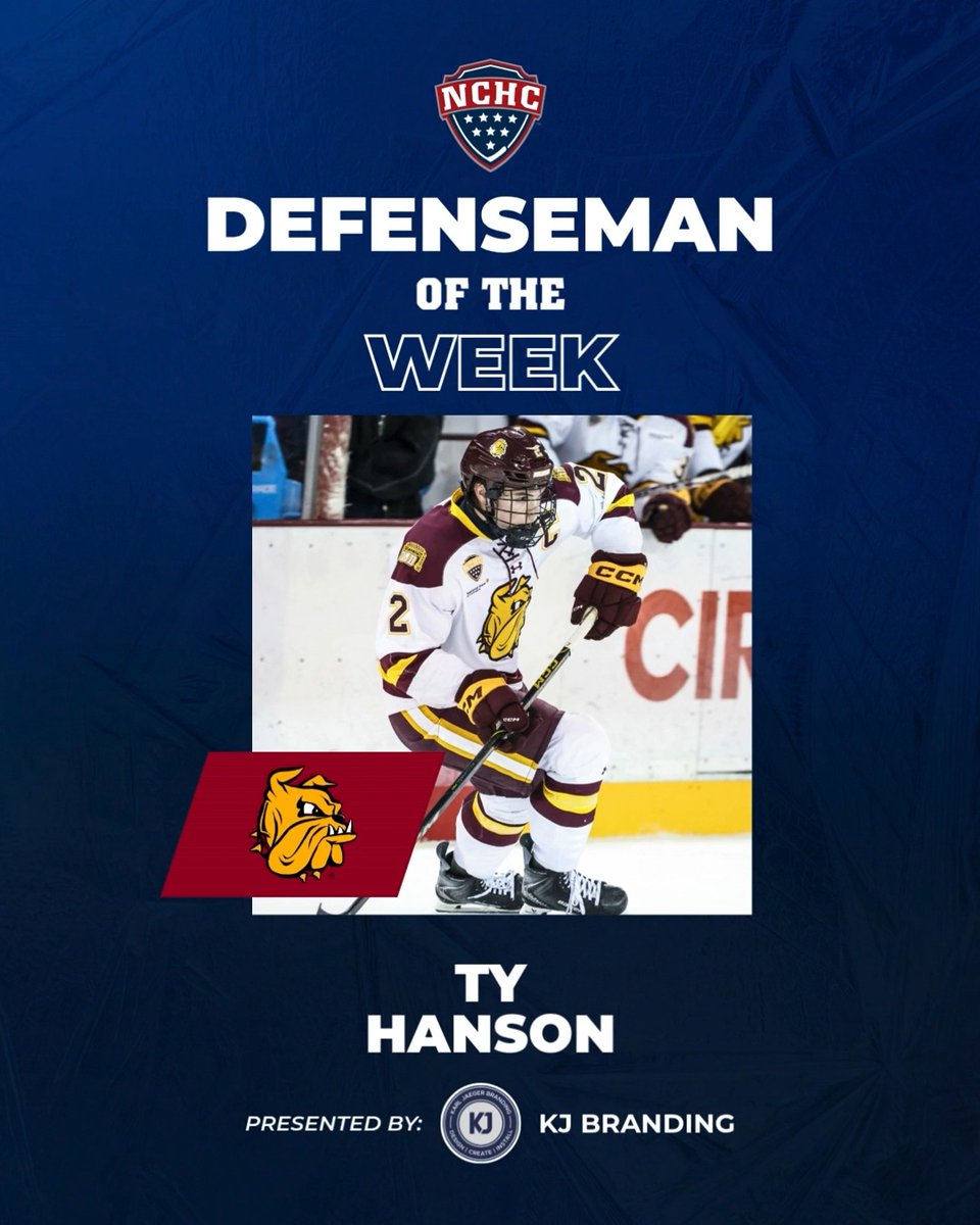 NCHC Defenseman of the Week graphic honoring Ty Hanson of the University of Minnesota Duluth Bulldogs, presented by KJ Branding.