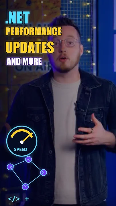 .NET performance updates and more text at the top. A young man with glasses and a denim jacket gestures while speaking. A speed gauge icon and a graphic of interconnected nodes are visible on the left.