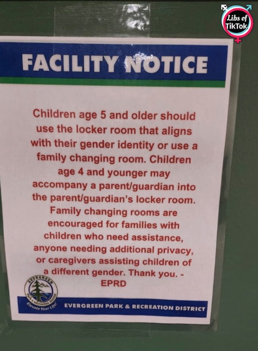 libsoftiktok's tweet photo. INBOX: Evergreen Park & Recreation District (@EvergreenRec) in Colorado reportedly posted notices on public facilities that allow boys to invade girls' locker rooms.

A source tells me that this policy was made without community input.

This violates Trump’s EOs.

DEFUND @AAGDhillon