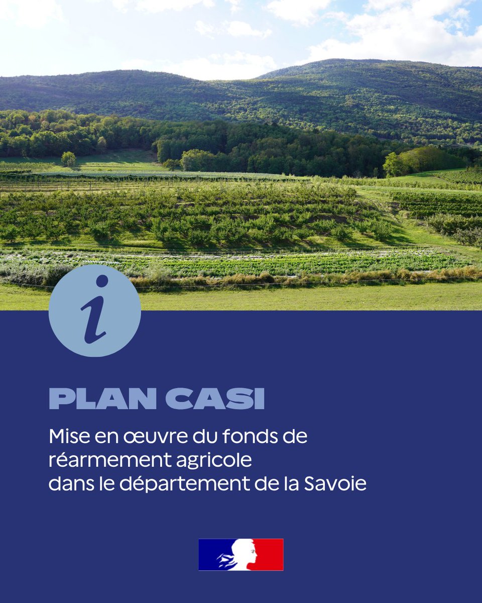 Prefet73's tweet photo. 🌾 #PlanCASI | Face aux conséquences exceptionnelles de la sécheresse et des épisodes de canicule de l'été, l’État met en œuvre en Savoie le fonds de réarmement agricole, dans le cadre du plan CASI (Climat, Adaptation, Sécheresse, Incendies).

Une aide exceptionnelle de trésorerie de 500 à 2 000 € par exploitation pourra être proposé sous réserve de remplir les conditions prévues, aux agriculteurs des filières prioritaires les plus impactées :
🐄 élevage de ruminants et équins
🥕 maraîchage, horticulture, plantes à parfum, aromatiques et médicinales, petits fruits
🍎 arboriculture

Une bonification de 500 € est également possible pour les jeunes agriculteurs et les nouveaux installés depuis moins de 5 ans, sous réserve d’éligibilité.

📅 Les demandes devront être déposées en ligne avant le 30 octobre 2026 à 23h59.

👉 Pour en savoir plus sur les conditions d'éligibilité et accéder à la demande d'aide dématérialisée, rendez-vous sur le site des services de l’État en Savoie.

Les services de l’État restent pleinement mobilisés aux côtés des agriculteurs savoyards pour accompagner les exploitations les plus fragilisées par les aléas climatiques.