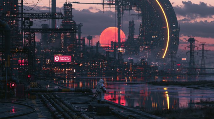 A cyberpunk-style digital artwork depicting an industrial futuristic cityscape with a large setting sun, illuminated signage including 'COSMIC MARKETING', and a figure in white standing by water.