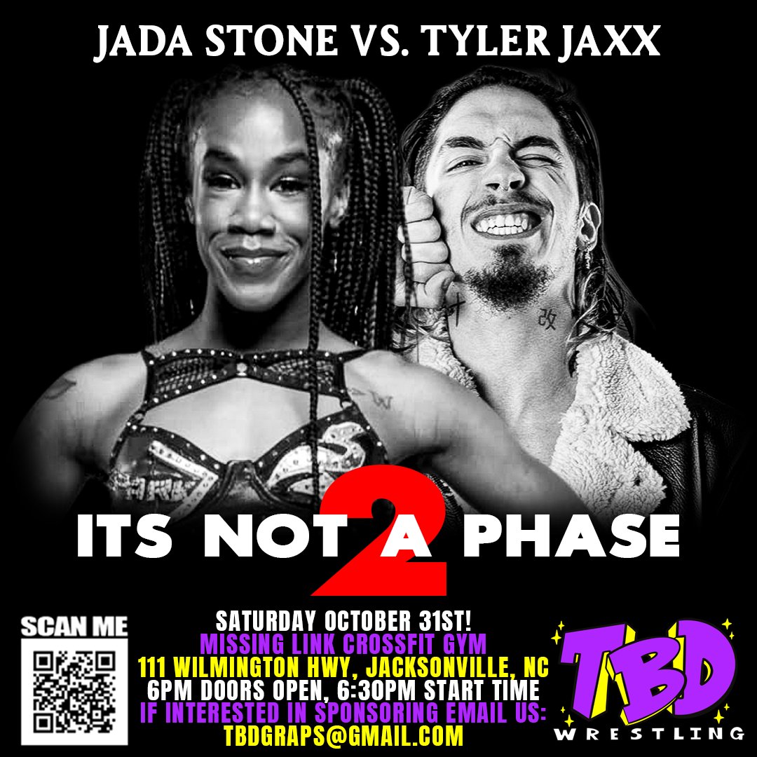 TBDGraps's tweet photo. 🚨 MATCH ANNOUNCEMENT UPDATE! 🚨

Unfortunately, when you're working with some of the best talent on the scene today, you'll run into issues with talent getting international tour dates that coincide with your own shows. With that said, we wish the  DIVEBOMB @imdiegohill good luck on his upcoming tour of Mexico that just so happens to run over October 31st!

We said that TBD Wrestling is the land of opportunity and challenges for talent on the rise, and we meant that. @Jaxx_Wrestling, you'll still be in the deep end of the pool come October 31st but now in the form of THE SPARK @JadaStoneee!

Jada Stone makes her return to the Missing Link for the first time since We Gotta Feeling! We last saw Jada Stone at TBD STREET where she was a part of Team North Carolina as they battled Team ATL in a losing effort. The Spark is looking for her first win in a TBD ring, but she's got one hell of a vampire standing in her way.

THE SPARK vs. HOLLYWOOD VAMPIRE

TBD Wrestling Presents:
IT'S NOT A PHASE 2
Saturday, October 31st, 2026!
Jacksonville, North Carolina
Tickets On Sale Now!: Link In Bio!