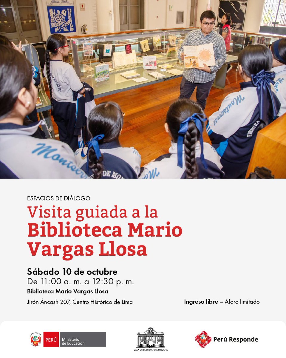 casaliteratura's tweet photo. ¡Conoce la Biblioteca Mario Vargas Llosa! Acompáñanos en una visita guiada para descubrir sus espacios, colecciones y tesoros literarios. Sábado 10 de octubre 🕚 11:00 a. m. 📍 Casa de la Literatura Peruana ¡Te esperamos! #BibliotecaMVLL #VisitaGuiada #LiteraturaPeruana https://t.co/qHu7K75u5B