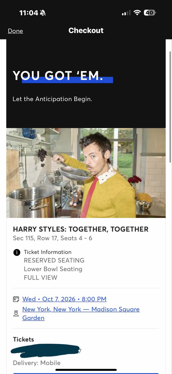narrydips's tweet photo. SELLING THREE (3) TICKETS FOR HARRY STYLES AT MSG TOMORROW OCTOBER 7TH!! LOWER LEVEL SECTION 115! SELLING AT FACE VALUE, DM FOR MORE INFO!! https://t.co/OSaYYCLTfE