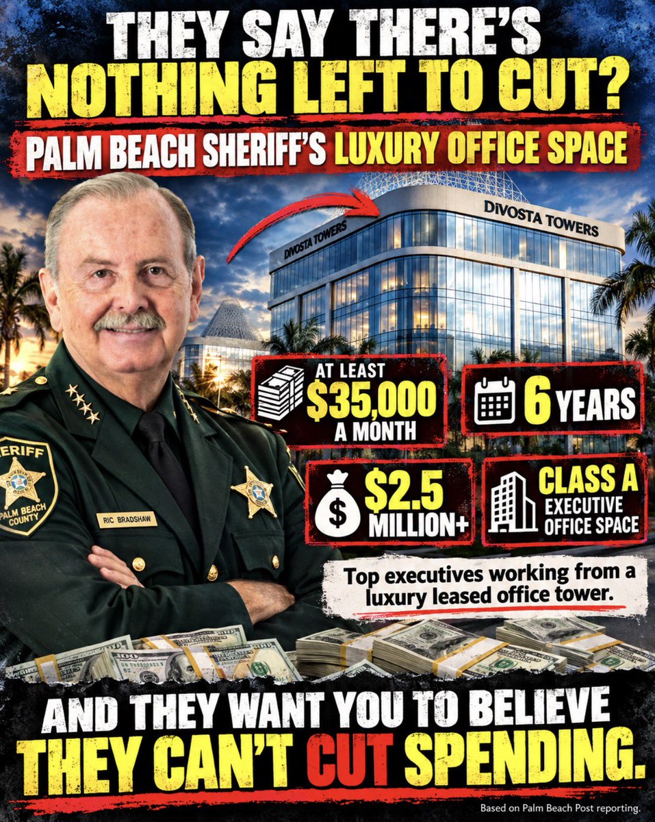SWFL5440's tweet photo. 🚨 “IF BUDGETS HAVE TO BE CUT, IT’S GOING TO BE PEOPLE.” — SHERIFF RIC BRADSHAW

That threat hits a little differently when taxpayers are also paying at least $35,000 a month for luxury executive office space.

More than $2.5 million over six years.

So before the public gets warned about people and programs being cut, maybe government should explain why Class A office space survived the chopping block.

CUT THE LUXURY BEFORE YOU CUT THE PEOPLE.