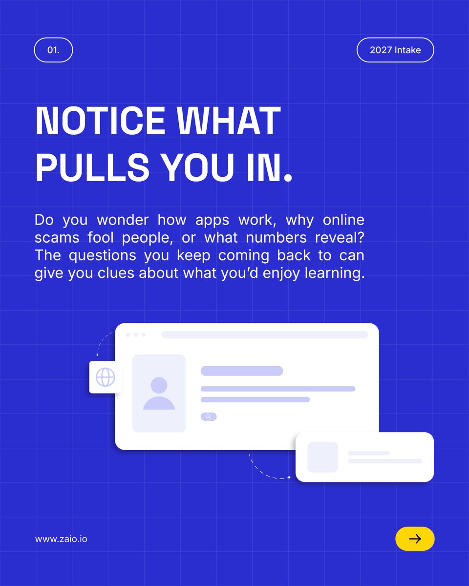 zaiotech's tweet photo. What do you keep wanting to understand? 💡 

That curiosity could help you choose what to study.

Swipe through, explore Zaio’s Occupational Certificates and find your fit. 2027 applications are open.

Explore today: https://t.co/ZCSe5bqbdq

#Zaio #2027Applications https://t.co/NHqK3Vfqf3