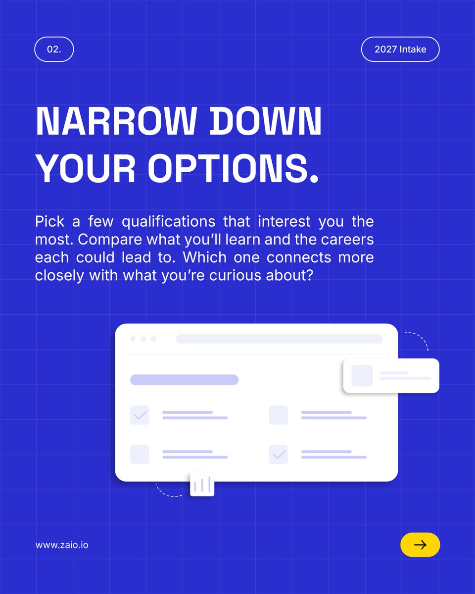 zaiotech's tweet photo. What do you keep wanting to understand? 💡 

That curiosity could help you choose what to study.

Swipe through, explore Zaio’s Occupational Certificates and find your fit. 2027 applications are open.

Explore today: https://t.co/ZCSe5bqbdq

#Zaio #2027Applications https://t.co/NHqK3Vfqf3