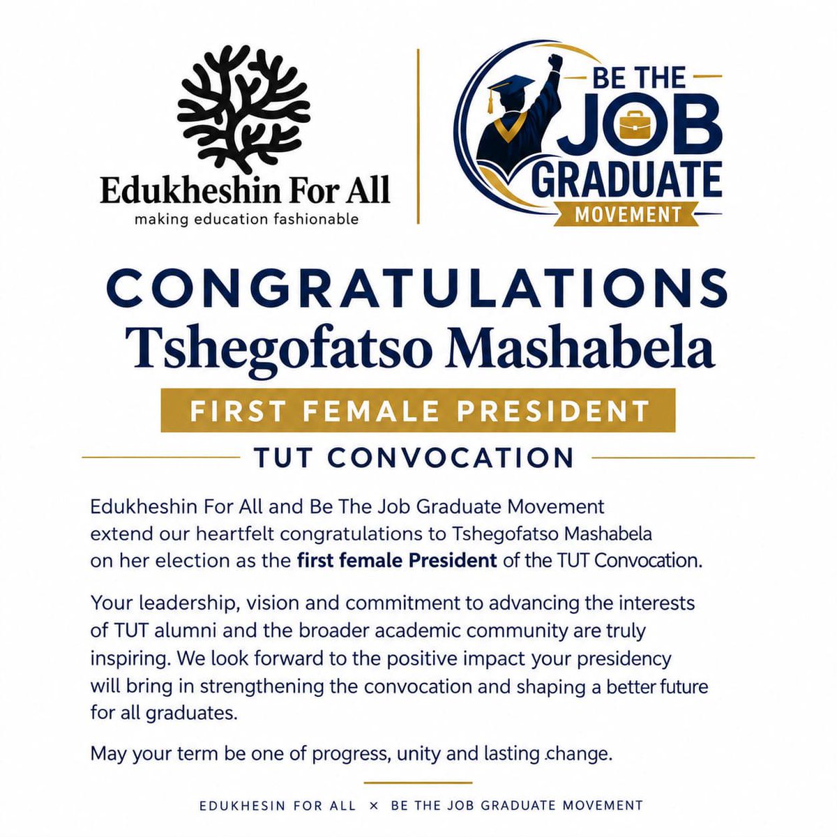 edukheshinFA's tweet photo. Congratulations to President Tshegofatso Mashabela on her election as President of the TUT https://t.co/MAIWDIK4wm the first female President, her election marks a significant milestone in the history of Tshwane University of Technology.We wish her all the best https://t.co/GfjqjU6oBe