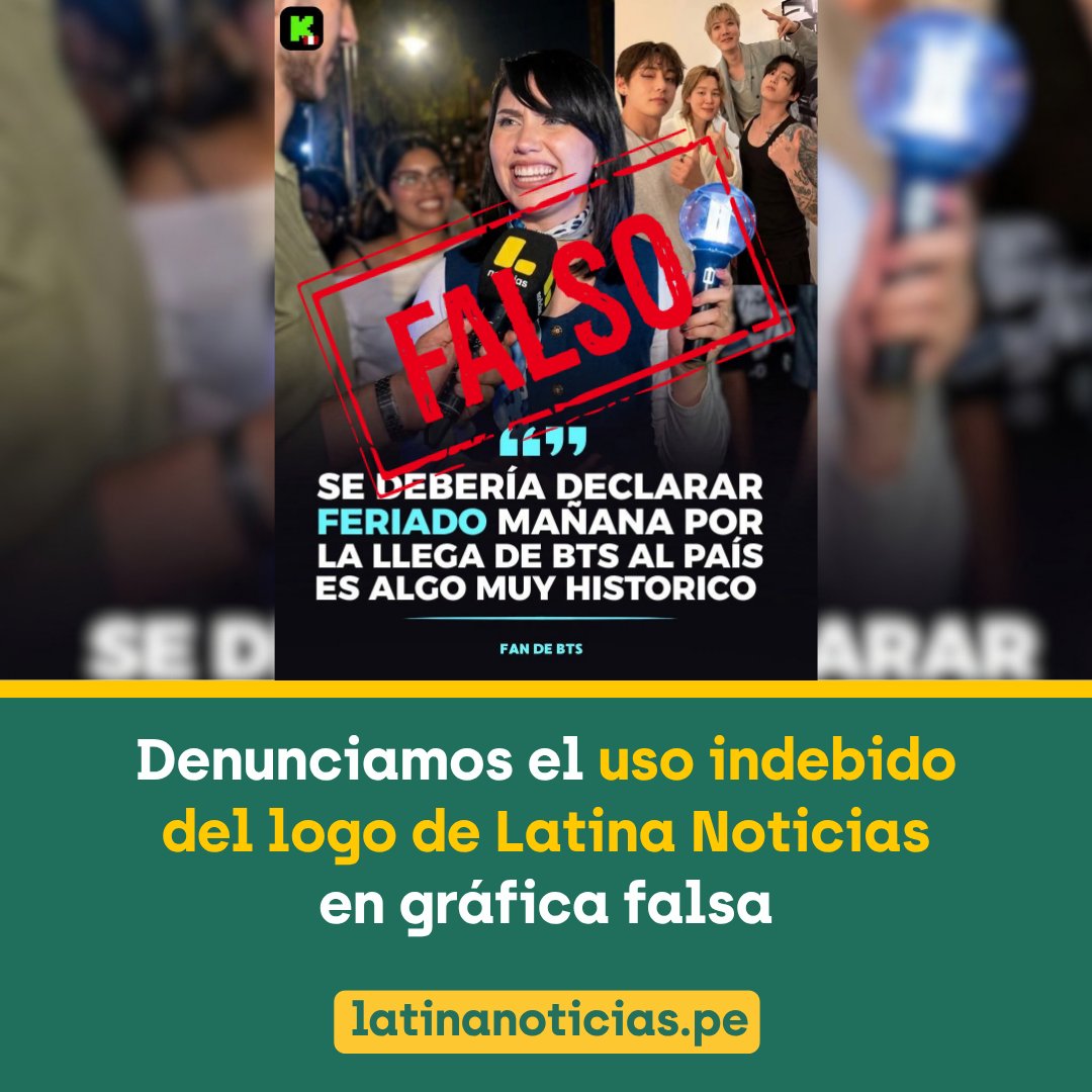Latina_Noticias's tweet photo. 🚨 Informamos a nuestra audiencia que viene circulando en redes sociales una gráfica falsa realizada con inteligencia artificial que utiliza de manera indebida el logo de Latina Noticias para desinformar.

🔎 Pedimos a la comunidad no dejarse sorprender por este tipo de publicaciones y verificar siempre la información a través de nuestras plataformas oficiales.

Más información en https://t.co/mSgmZfDfMe