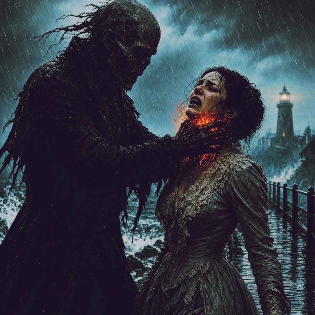 WhimsyCheshire's tweet photo. The #revenant stepped forth from the #tempest, cold fury of #the_dead burning in the pits where its eyes once were. It came to haunt the living, to scare their souls into the pits of damnation. 

A couple walked huddled together, drenched, on the beach path. The revenant only flickered in an outline from the lightning flashes. Its bitter touch burned the woman's forearm, leaving a blackened mark.

The crashing waves muffled her bloodcurdling screams. The man drew his thin rapier, standing gallantly before her. It made no difference. The revenant wanted her sweet soul.

It gripped her throat, flakes of her skin burning away in the whipping wind. She spluttered, unable to speak or scream. He turned around and felt instant panic upon seeing the revenant, dropping his blade and abandoning her.

The woman's head lolled forward, then side-to-side. Unconsciousness gripped her, taking her to the realm of #the_dead.

#horrorprompt 2332
@PGPayT
#366FF