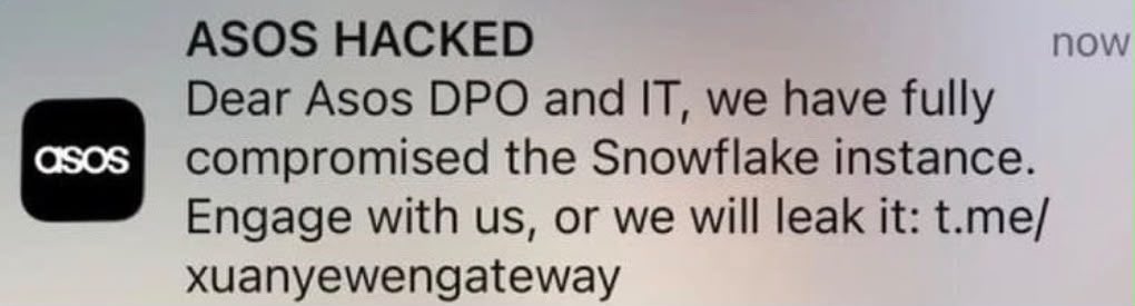 Vardhangss's tweet photo. 🚨 ASOS hacked !!

Thousands of customers received a fake “ASOS HACKED” push notification. Attackers claimed access to ASOS data via Snowflake.

ASOS says customer data may have been accessed. Investigation ongoing.

#ASOS #CyberAttack #DataBreach #CyberSecurity  #ThreatIntel https://t.co/iLlukXSgZG