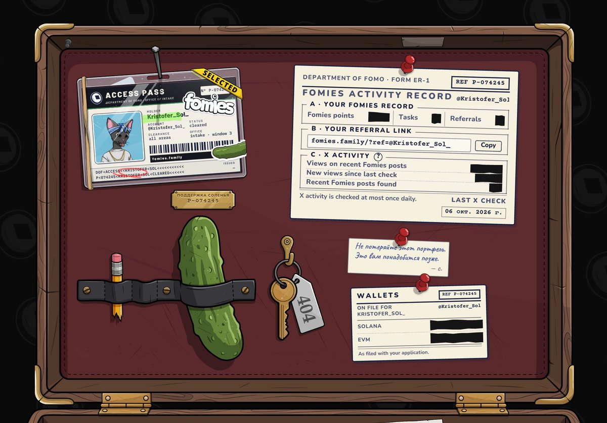 Kristofer_Sol_'s tweet photo. the department of fomo left me a briefcase. i've been told not to ask about the pickle. @FomiesNFT #Fomies https://t.co/ahOiKwO9lq