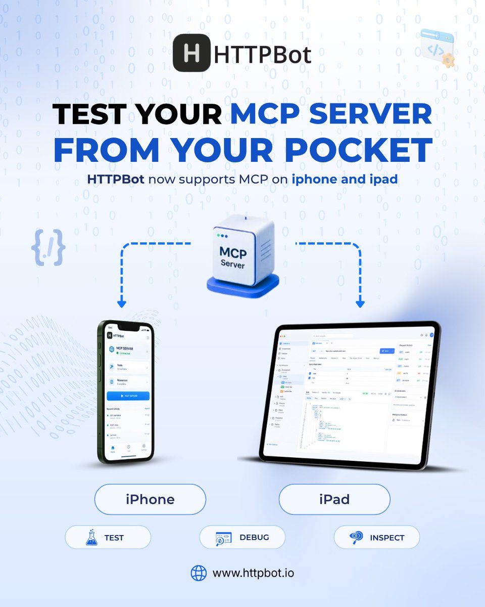 HTTPBot's tweet photo. AI agents are only as good as their tools.

HTTPBot now supports MCP on iPhone &amp; iPad. Connect to remote MCP servers, test tools with real inputs, and verify responses—all alongside REST, WebSocket &amp; GraphQL.

Test your MCP tools: https://t.co/8JvYxmEug4

#MCP #APITesting https://t.co/ueeQgTmSmF
