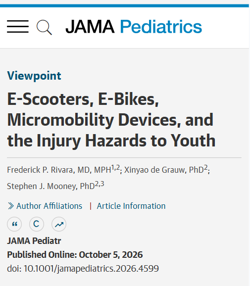 JAMAPediatrics's tweet photo. 💬 Viewpoint: Youth #Micromobility injuries are rising, and current state and local laws on age, helmet use, speed, and place of riding vary widely and are rarely enforced.

https://t.co/qNrjPR4B1S https://t.co/pRPGo1Cu5w