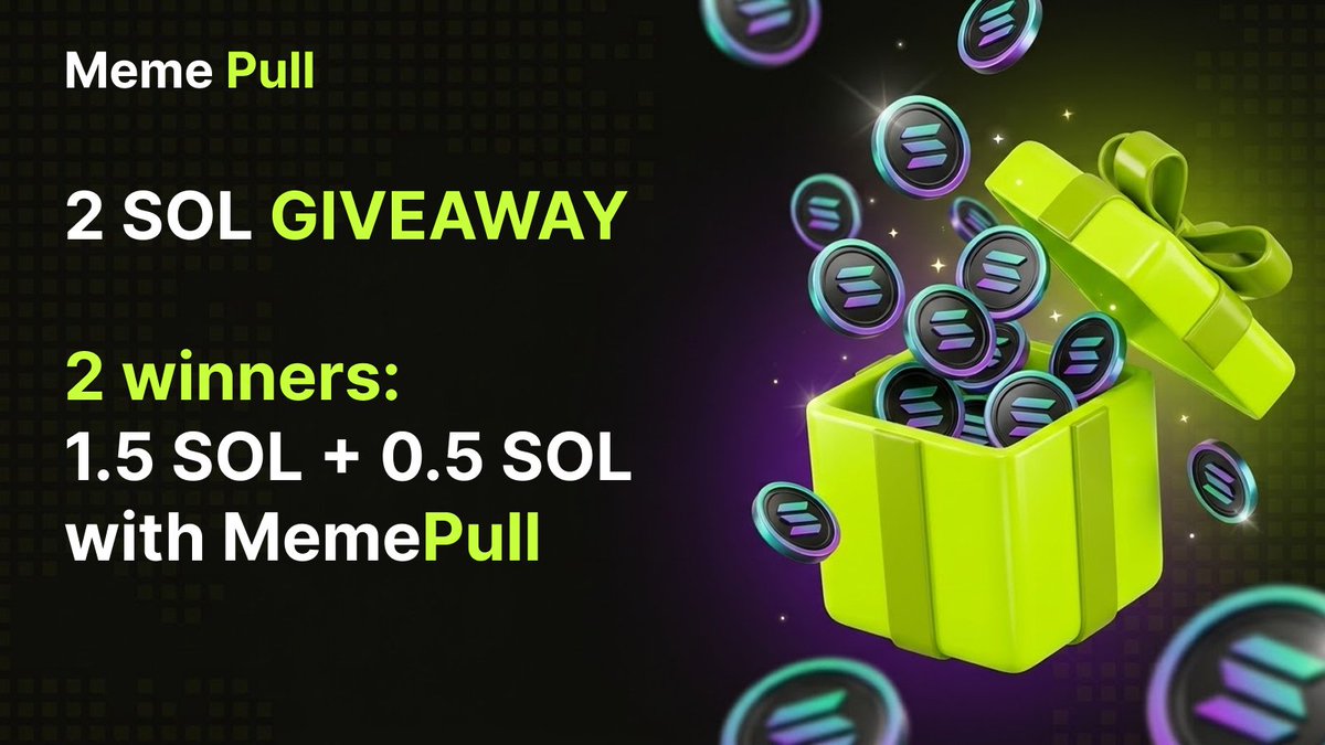 MemePullsol's tweet photo. https://t.co/uxQE4ELk1u 

GIVEAWAY: 2 SOL, 2 winners

Prize 1: 1.5 SOL
Create any token on https://t.co/uxQE4ELk1u and comment "I'm in".

Prize 2: 0.5 SOL
Follow @MemePullsol, repost this post and comment "I'm in".

Winners will be picked randomly and announced here on 12.10.2026. Prize 1 entries are checked against real launches on the site. Winners will be asked to DM us their wallet to receive the prize.

We will NEVER DM you first and NEVER ask for a seed phrase or private key.

#Solana #Giveaway #memecoin