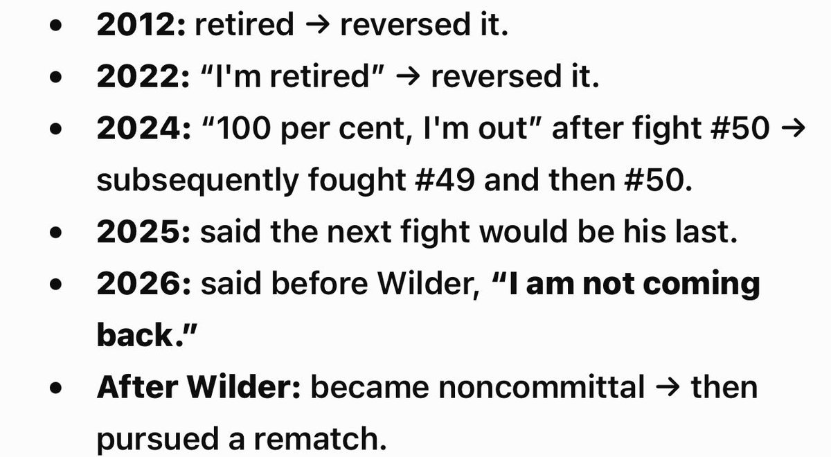 jjdrake1989's tweet photo. @Sourceofboxing His current position is essentially that he never really retired, despite having previously said things that plainly sounded like retirement announcements over an expanse of 14 yrs now. https://t.co/VjsGTjKD9K