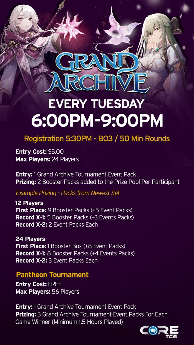 CoreTCG's tweet photo. Tuesday is grand archive tournaments!  Both regular and pantheon today. https://t.co/XVLJvwL1un