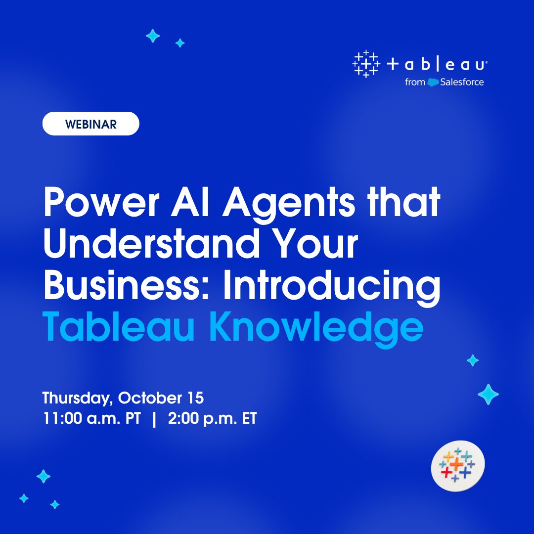 tableau's tweet photo. Your business knowledge already exists — in Tableau data sources, workbooks, and dashboards. The problem? It's dispersed and disconnected from the AI agents that need it.

See how Tableau Knowledge turns that knowledge into trusted, governed knowledge graph, so AI agents can retrieve the facts they need to reason intuitively and deliver accurate insights, instead of guessing.

Save your spot: https://t.co/1RGqtc5Agz