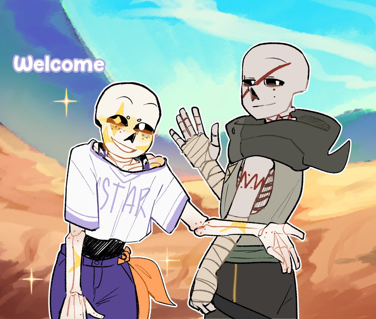 Manuru_15's tweet photo. Introducing! Meet Stave and Blard. Some of you may know them from previous versions, from Wattpad, or from their cameos in *DepressiveAu*. This time, they’ll be returning to the UTMV world. I hope you enjoy it!✨✨
#utmv #stavetale #deserttale https://t.co/C5yYUBI2qY