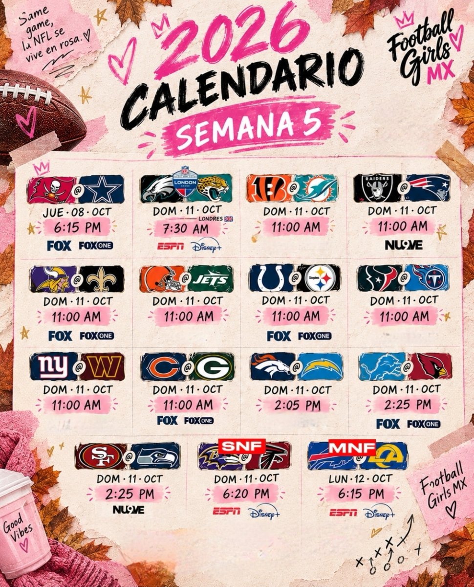 nflgirlsmx's tweet photo. ¡De madrugar en Londres hasta el cierre en el SoFi! 🇬🇧🏟️

☕️️🍁 La #NFL se viene con todo en la Semana 5. Preparen el cafecito y agenden sus favoritos porque los partidos están increíbles .
¿Cuál no se van a perder? 👇💬
#FootballGirlsMX #nflmx https://t.co/fmqxQcSCTf