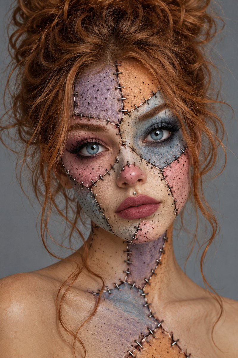 Tanvir48992's tweet photo. Not broken. Just stitched together a little differently. 🪡🖤
Prompt:
Vertical high-end beauty portrait of a young woman with a calm, doll-like, slightly haunting gaze directed at the camera, styled as a stitched patchwork rag doll in special effects Halloween makeup. Messy, voluminous copper-auburn hair in a loose high updo with wispy strands falling around her face and shoulders. Bright blue eyes with long dramatic lashes, defined auburn brows, and eyeshadow that matches each patch: soft mauve-pink on one eye and dusty powder blue with smoky charcoal on the other. Her face and neck are divided into irregular patchwork sections in muted pastel colors of lavender, dusty blue-grey, peach-orange, blush pink and cream, each patch speckled with tiny dark freckle-like dots and textured like aged fabric. Thick black stitched seams run across the forehead, cheeks, nose, chin and down the neck to the chest, with realistic raised, slightly torn skin edges and shiny metal staple-like stitches holding the patches together. Full matte dusty rose-berry lips, a small silver gem piercing above the lip, a blush-pink tip on the nose. Bare shoulders. Background: plain flat mid-grey studio backdrop. Soft even beauty lighting with gentle highlights, hyperrealistic prosthetic and body-paint texture, sfx makeup artistry, dark whimsical fairy-tale aesthetic, ragdoll Halloween look. Shot on a full-frame camera, 100mm macro lens, f/4, sharp focus on the eyes, natural skin texture with visible pores, high-end editorial beauty photography, photorealistic, hyperdetailed, 8k, no text