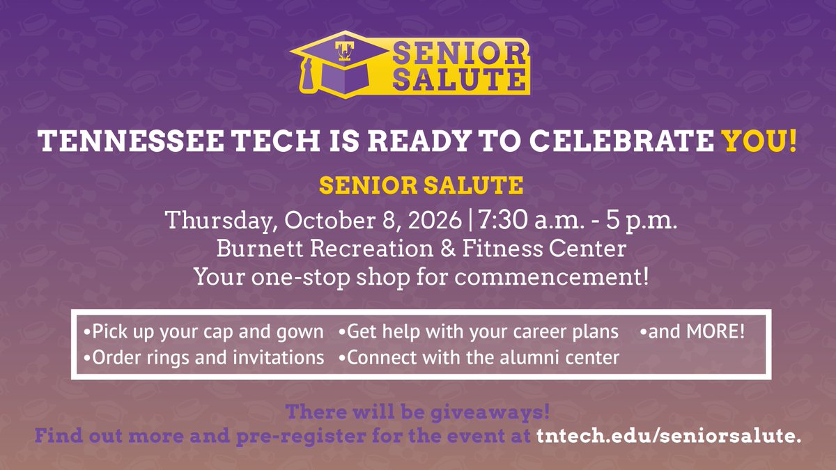 tennesseetech's tweet photo. 📢 Fall 2026 graduates! 

Senior Salute is Thursday, October 8, from 7:30 a.m. - 5 p.m. in the Marc L. Burnett Student Fitness Center. Be sure to stop by to get everything you need for commencement. See you there!

For more information: https://t.co/Nkt20eLRw7 https://t.co/pmKAHAV8i6