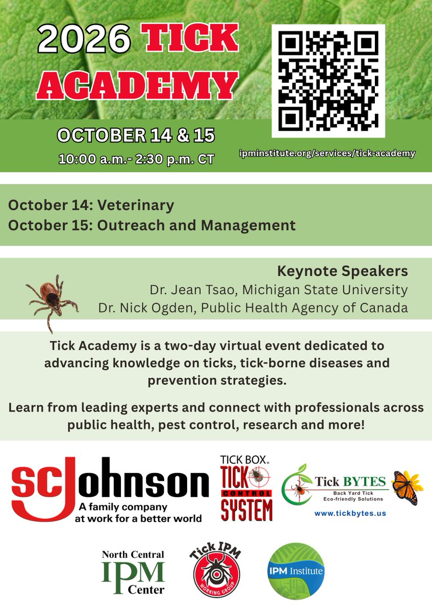 IpmTick's tweet photo. Join us at Tick Academy and earn continuing education credits!

The event has been approved for CEUs by the National Environmental Health Association, Science Societies, and the American Association of Veterinary State Boards.

Learn more: https://t.co/NDpkeFTcCG https://t.co/lkhsZv2ijB