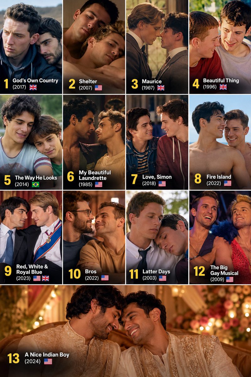 Francoballer1's tweet photo. For decades, Hollywood had one annoying way of ending gay love stories: k!ll one of the men, break them apart, or leave everyone emotionally destroyed.

But not these 13.

Here are 13 gay films where both guys actually make it to the credits — alive, together, or with genuine hope for their future. 

1. God’s Own Country (2017) 🇬🇧 — Johnny and Gheorghe find their way back to each other and build a future together.

2. Shelter (2007) 🇺🇸 — Zach and Shaun choose love and family instead of running from their feelings.

3. Maurice (1987) 🇬🇧 — After years of repression and heartbreak, Maurice finally finds happiness with Alec.

4. Beautiful Thing (1996) 🇬🇧 — Jamie and Ste survive the chaos around them and embrace their relationship.

5. The Way He Looks (2014) 🇧🇷 — Leonardo and Gabriel's sweet teenage romance ends on a genuinely hopeful note.

6. My Beautiful Laundrette (1985) 🇬🇧 — Omar and Johnny's relationship survives social and racial tensions.

7. Love, Simon (2018) 🇺🇸 — Simon finally meets Blue, and their romance gets the happy ending viewers were waiting for.

8. Fire Island (2022) 🇺🇸 — A hilarious queer rom-com where romance doesn't have to end in tragedy.

9. Red, White & Royal Blue (2023) 🇺🇸🇬🇧 — Alex and Henry refuse to let politics decide who they can love.

10. Bros (2022) 🇺🇸 — Bobby and Aaron discover that even two commitment-phobic men can find something real.

11. Latter Days (2003) 🇺🇸 — A messy, emotional romance that ultimately chooses reconciliation and love.

12. The Big Gay Musical (2009) 🇺🇸 — Campy, chaotic and unapologetically queer, with romance that doesn't end in disaster.

13. A Nice Indian Boy (2024) 🇺🇸 — Naveen and Jay find love while navigating family expectations and cultural differences.