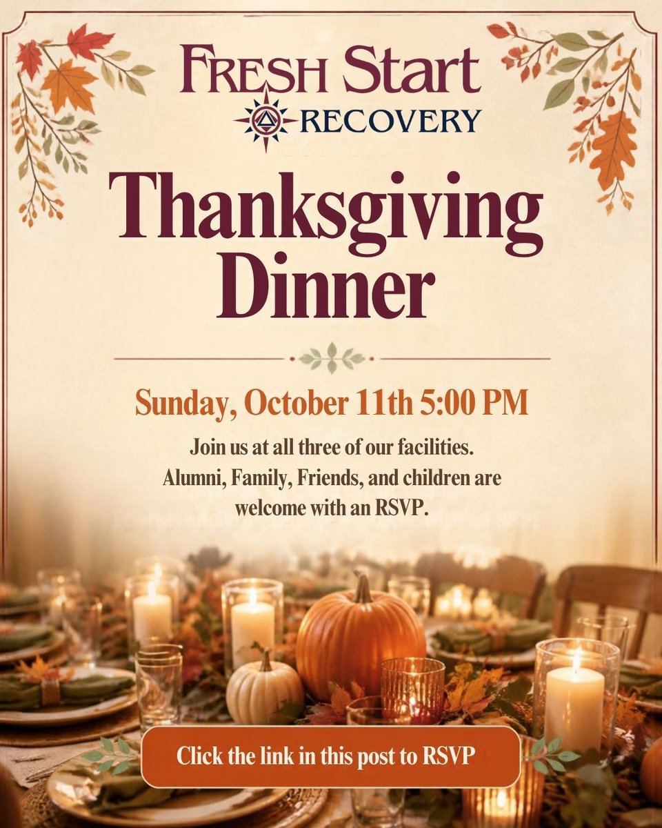 FreshStartRC's tweet photo. Thanksgiving gives us a chance to slow down, share a meal and appreciate the people who walk beside us.

This Sunday, we’re setting the table at all three Fresh Start facilities across Calgary and Lethbridge. We invite our Alumni, families, friends and children to join us for Thanksgiving Dinner and an evening of connection, gratitude and community.

Whether you’ve stayed close or it’s been a while since your last visit, we would love to see you. Come reconnect with familiar faces, meet someone new and celebrate the relationships that help us keep moving forward in recovery.

Sunday, October 11, at 5:00 p.m.
All three Fresh Start facilities

Please RSVP so our teams can prepare for everyone joining us:
https://t.co/5KSdEYK8Eh 

We look forward to sharing the table with you.

Meeting Every Individual, Supporting for Life.

#FreshStart #Thanksgiving #Alumni #Community #TogetherWeContinue