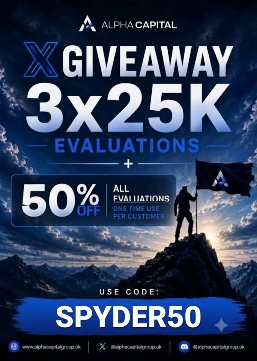 spyderflow's tweet photo. 🚨 3 x 25K GIVEAWAY W/ @AlphaCapitalUK 🚨

1) Follow @spyderflow and @AlphaCapitalUK 
2) Like & share this post 
3) Tag 3 trader friends below 
4) For extra entries purchase an Alpha account using either code 'SPYDER' or 'SPYDER50''
5) 50 % off on all accounts Use code - SPYDER50

Link - https://t.co/W6vSshhvG6

Winners announced on 10 oct at yt channel ( Link in bio)

Good luck!

#giveaway #propfirm #fundedaccounts #alphacapital 
#propfirmgiveaway #fundedaccountgiveaway