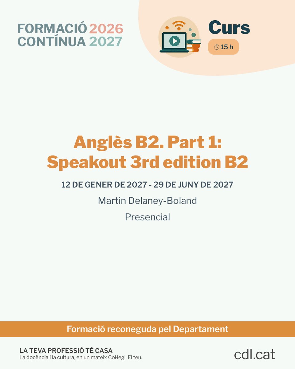 cdlcat's tweet photo. 🇬🇧 Vols fer un pas endavant amb el teu anglès?

El curs presencial d'Anglès B2 està pensat per consolidar el nivell i, sobretot, per guanyar fluïdesa i confiança a l’hora de comunicar-te en contextos socials, acadèmics i professionals.

MÉS INFORMACIÓ 👉 https://t.co/oxz8bTBQhr https://t.co/nS1aIlasOL