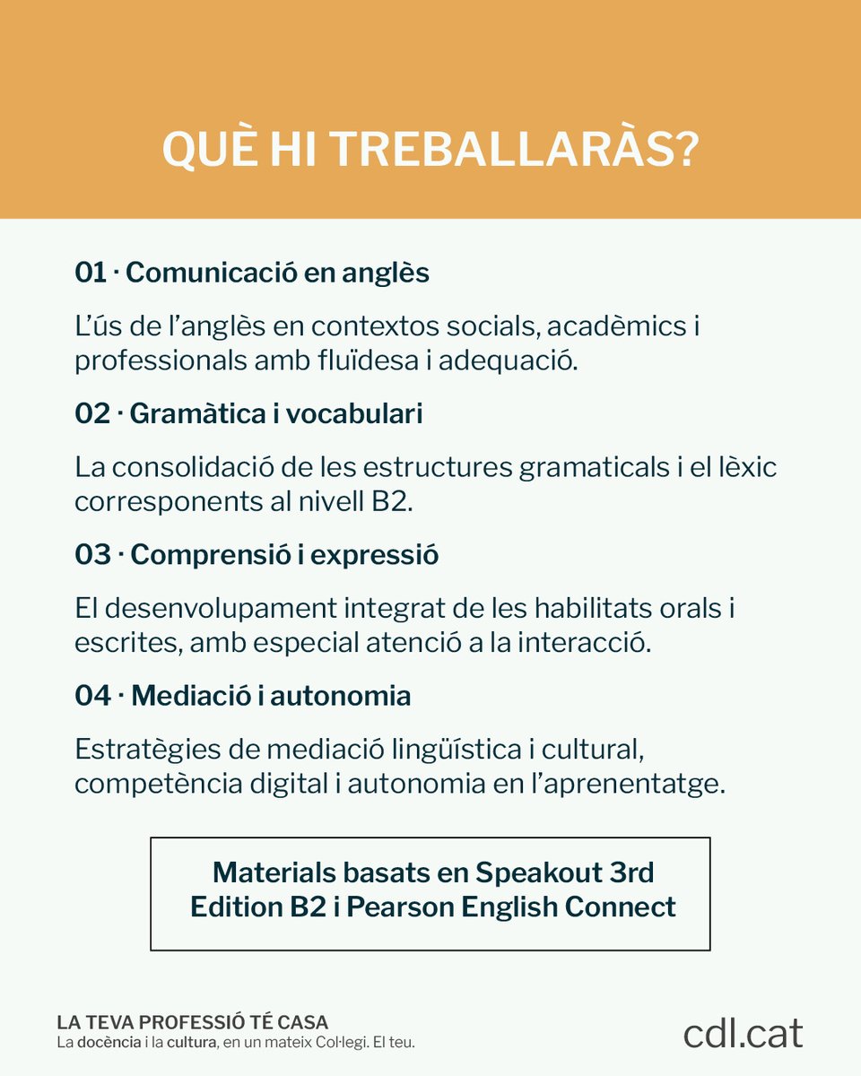 cdlcat's tweet photo. 🇬🇧 Vols fer un pas endavant amb el teu anglès?

El curs presencial d'Anglès B2 està pensat per consolidar el nivell i, sobretot, per guanyar fluïdesa i confiança a l’hora de comunicar-te en contextos socials, acadèmics i professionals.

MÉS INFORMACIÓ 👉 https://t.co/oxz8bTBQhr https://t.co/nS1aIlasOL