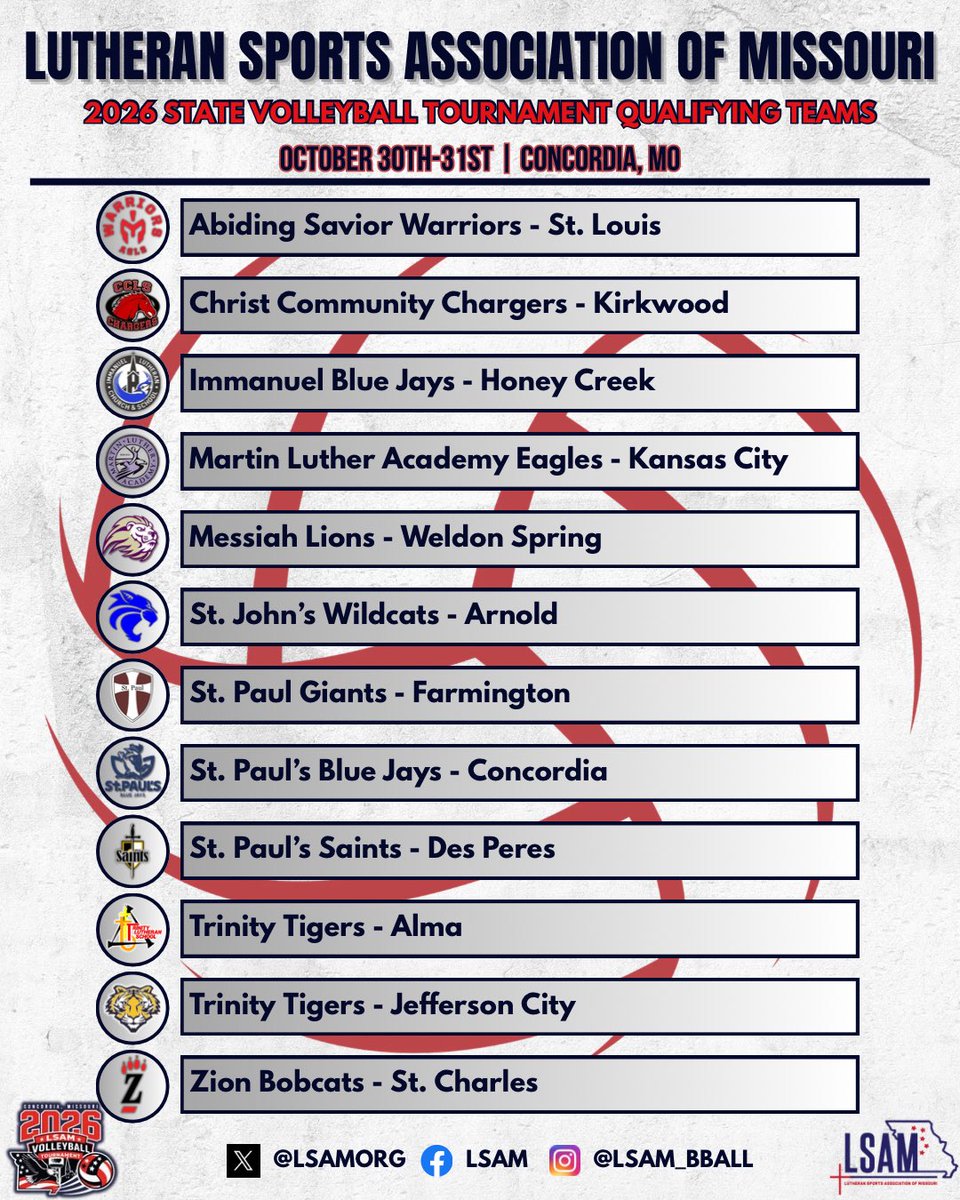LSAMorg's tweet photo. 🏐ANNOUNCEMENT‼️

The 2026 LSAM State Volleyball field is set! Congratulations to these athletes, coaches, and schools. We look forward to seeing everyone in Concordia on Oct. 30th! 

All tournament info can be found at https://t.co/Iy0ycHJ0jO https://t.co/pMe0iqa5lX