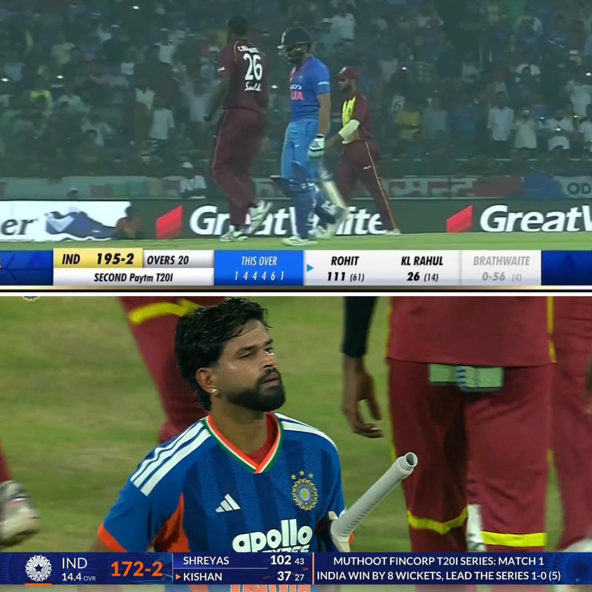 KhushBihar's tweet photo. Same ground. Same opponent. Same result.
Rohit in 2018. Shreyas in 2026.
Indian captains lighting up Lucknow against West Indies.  This one hits different 💙  #TeamIndia #INDvsWI #Cricket https://t.co/6Kptz7KVc0