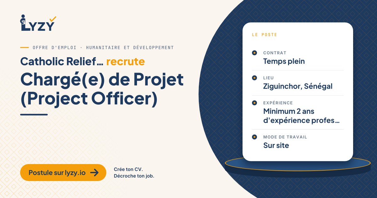 Lyzy_io's tweet photo. CRS recrute un Chargé de Projet (Project Officer) à Ziguinchor. Candidatures avant le 18 octobre 2026.
https://t.co/gJBOSGayxx #Emploi https://t.co/pESEhyPbzU