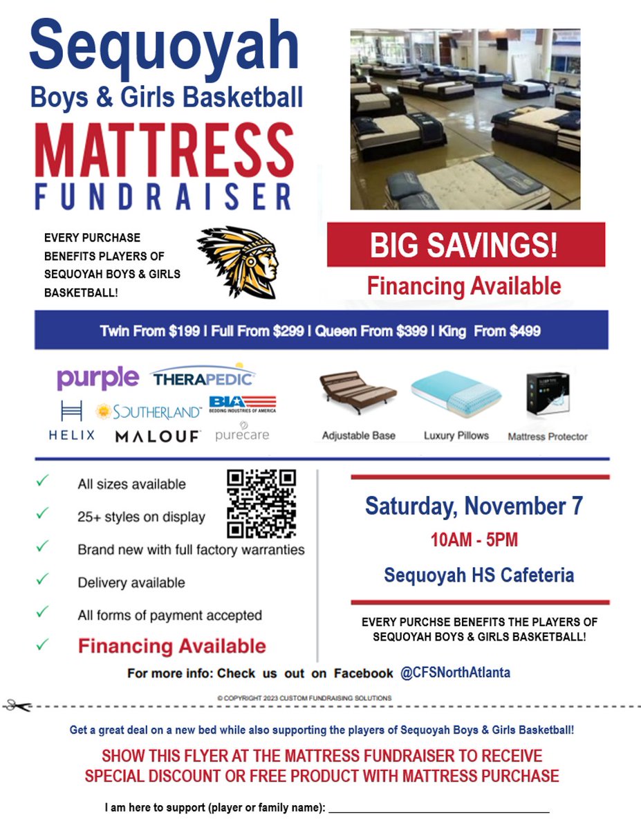 SequoyahHoops's tweet photo. 🎺 Mattress Fundraiser!

Join us Saturday, November 7th in the Sequoyah HS Cafeteria, 10am-5pm

✅ Name brands at low prices
✅ All sizes and styles
✅ Every purchase supports our Boys &amp; Girls Basketball Teams

📍 More info: https://t.co/1xtybFgfYH https://t.co/whKHie6G36