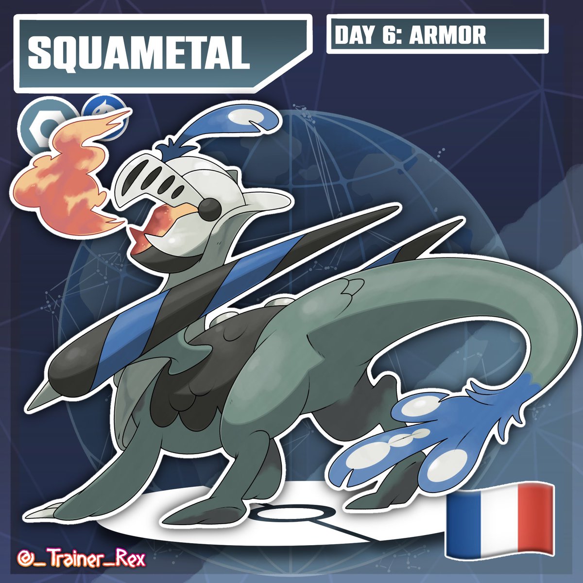 _FedeRex_'s tweet photo. Faketober 2026 Day 6: Armor+France

Wyrmight (Wyrm+Might)

Type: Steel/Dragon

Squametal (Squamate+Metal)

Type: Steel/Dragon https://t.co/wDZfoLYwER