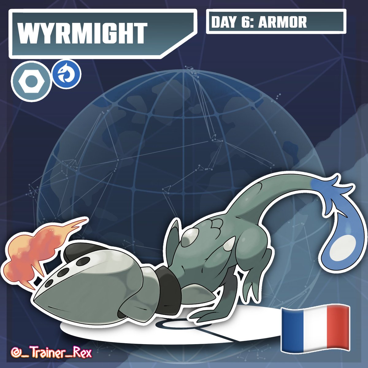 _FedeRex_'s tweet photo. Faketober 2026 Day 6: Armor+France

Wyrmight (Wyrm+Might)

Type: Steel/Dragon

Squametal (Squamate+Metal)

Type: Steel/Dragon https://t.co/wDZfoLYwER